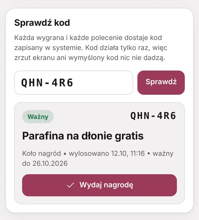 Recepcja w panelu: sprawdzony kod nagrody, ważny, z przyciskiem Wydaj nagrodę