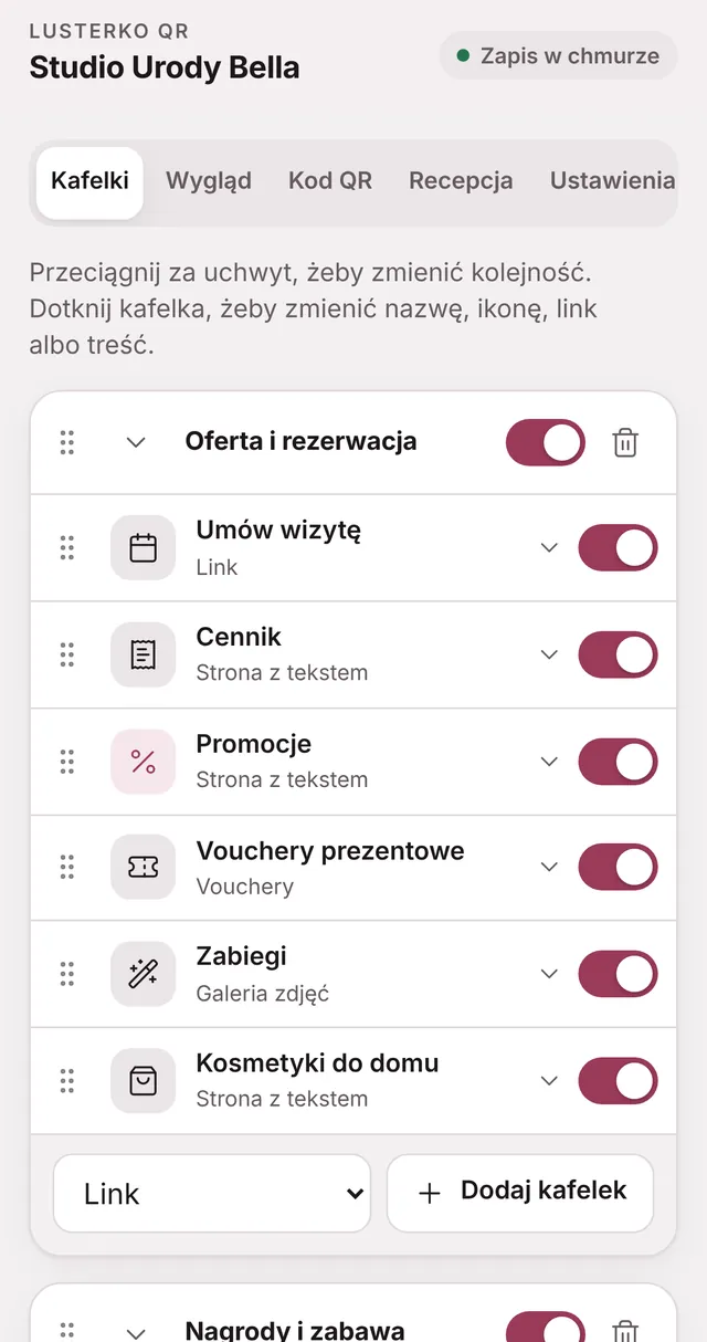 Panel salonu w telefonie: lista kafelków strony z przełącznikami