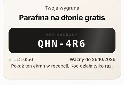 Wygrana z koła nagród: parafina na dłonie gratis, z kodem do pokazania w recepcji
